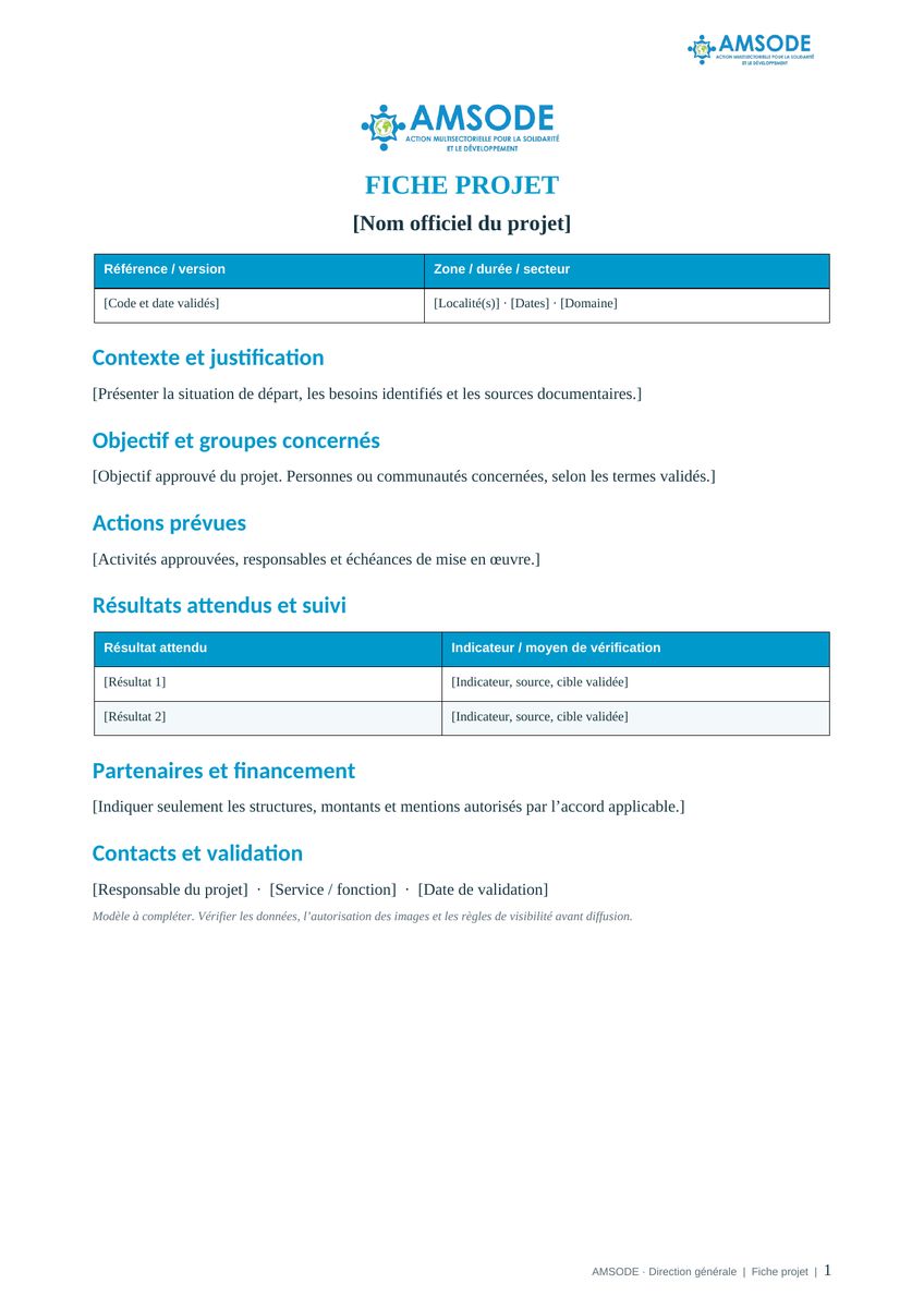 Aperçu du modèle AMSODE : Fiche projet